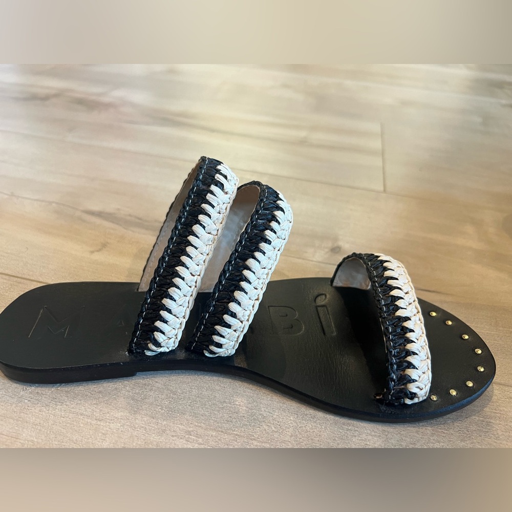 Manebi Rafia Black Slide Sandals with White Braided Trim leather bottom